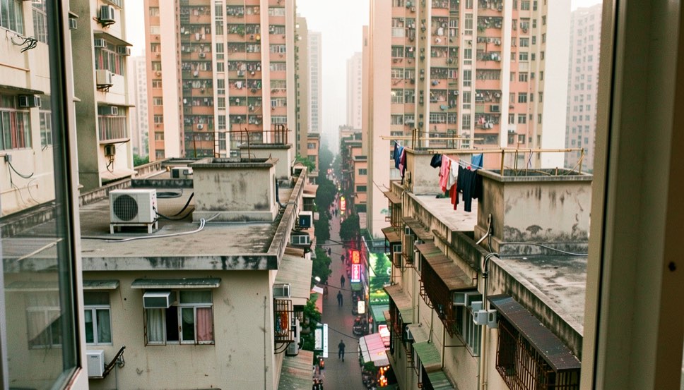 Early morning view from a high hotel window over the crowded rooftops of old Kowloon tenement blocks in Yau Ma Tei, rooftop water tanks and drying laundry, dense residential towers rising behind in soft haze